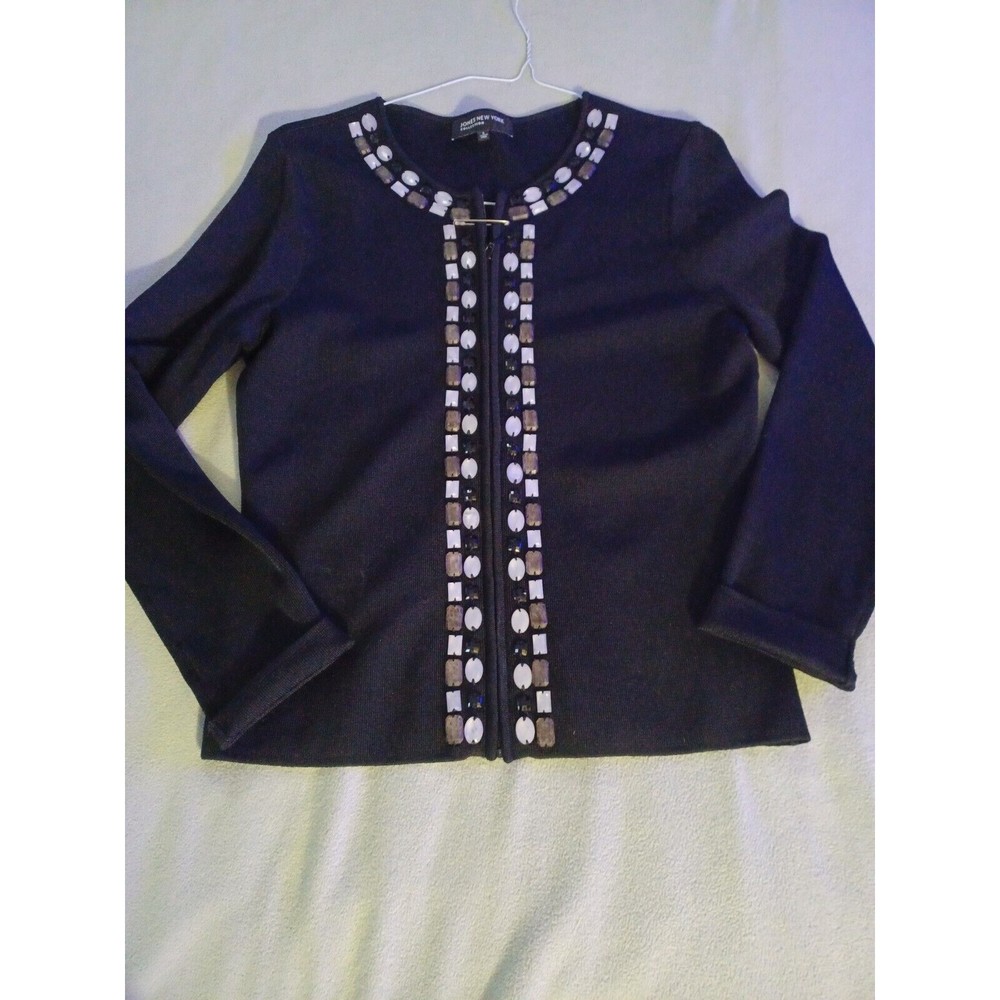Jones New York full zip round neck geometric beads tight knit sweater black Sz S